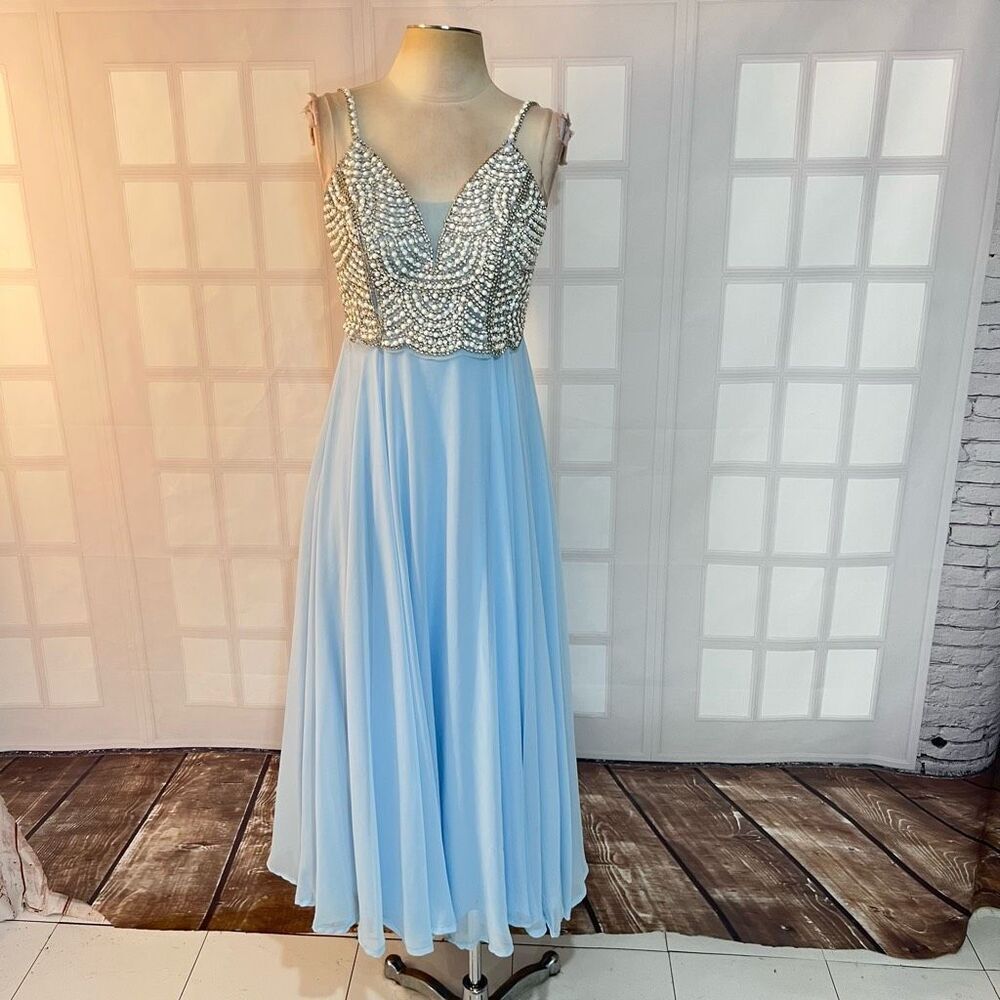 Windsor Powder Blue Embellished Sleeveless Open Back Chiffon Prom Dress Size 3